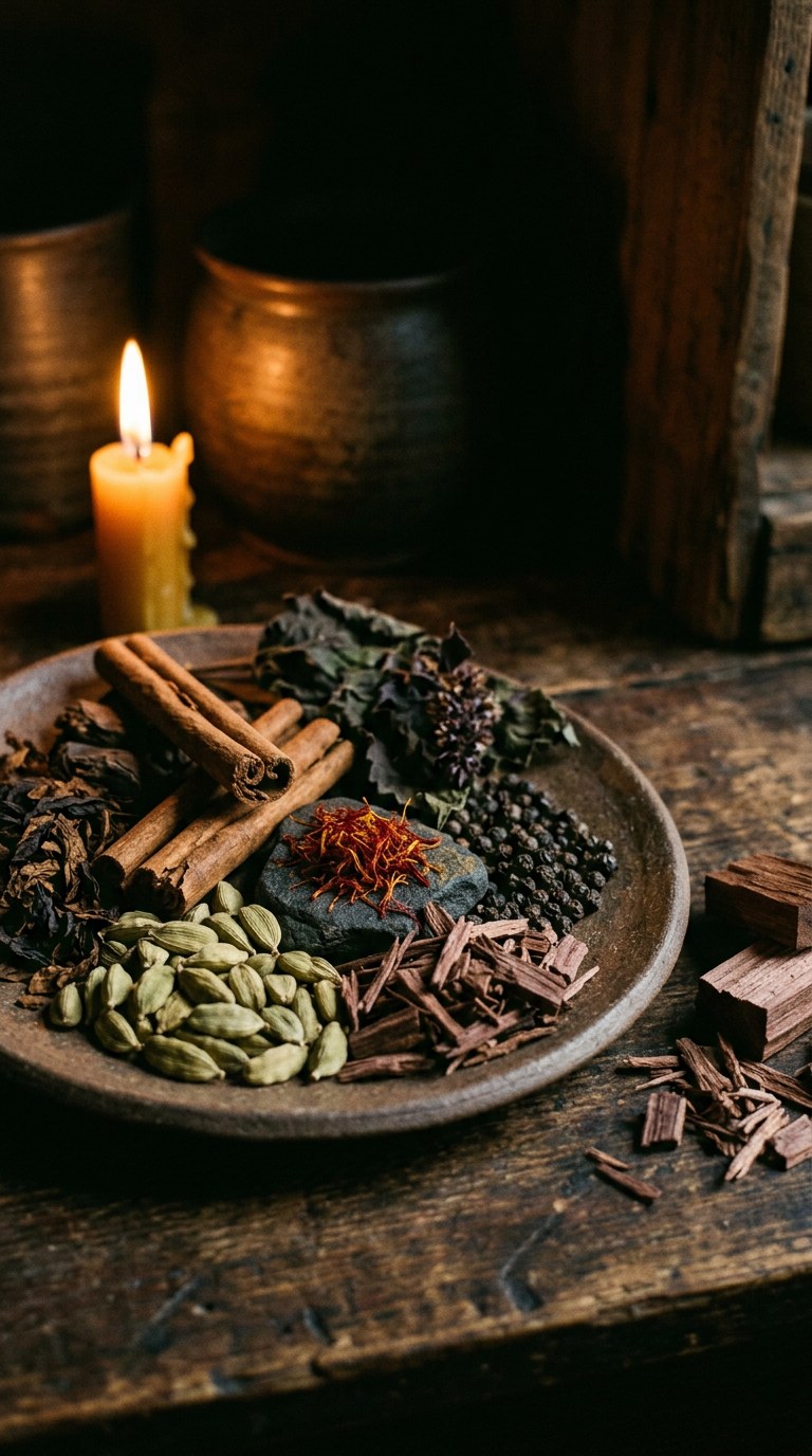 whole spices scattered on aged brass