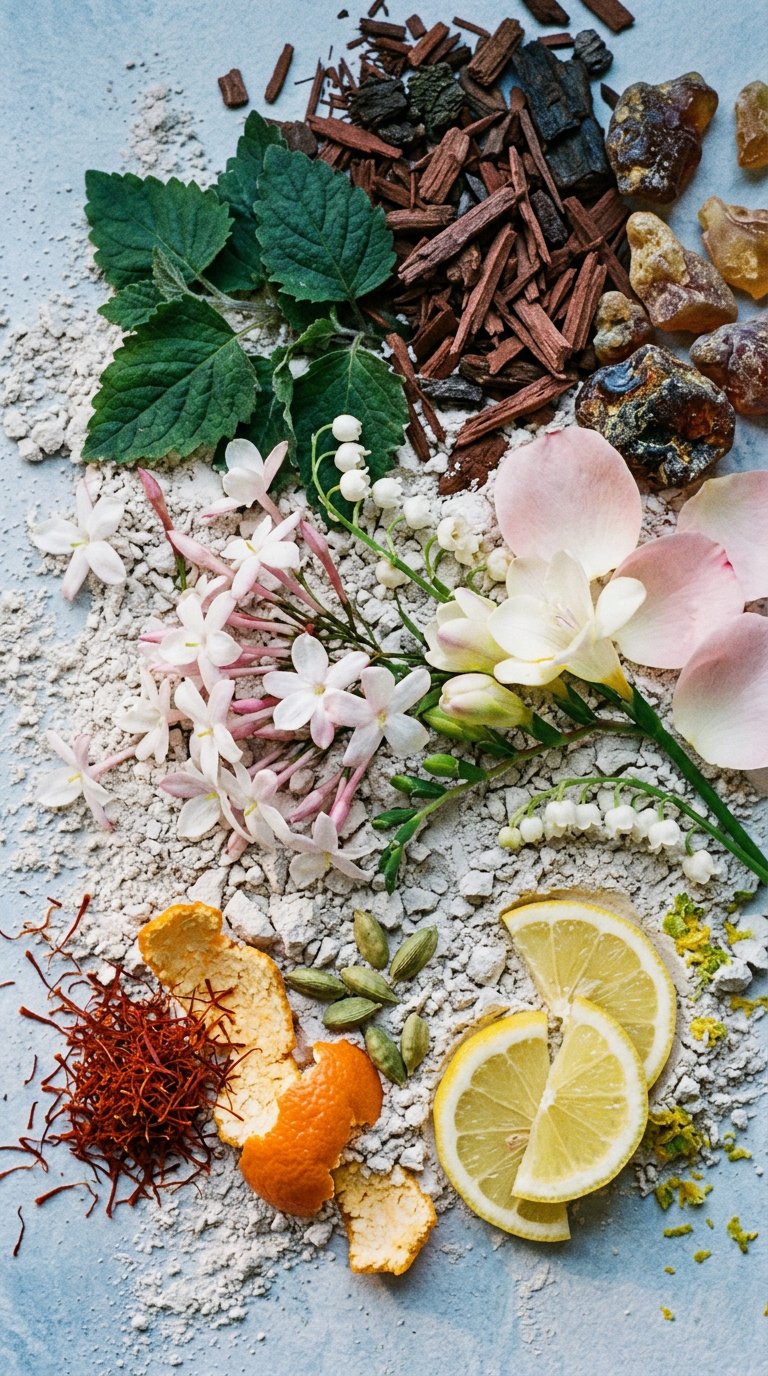 cut citrus, rosemary and green stems on marble