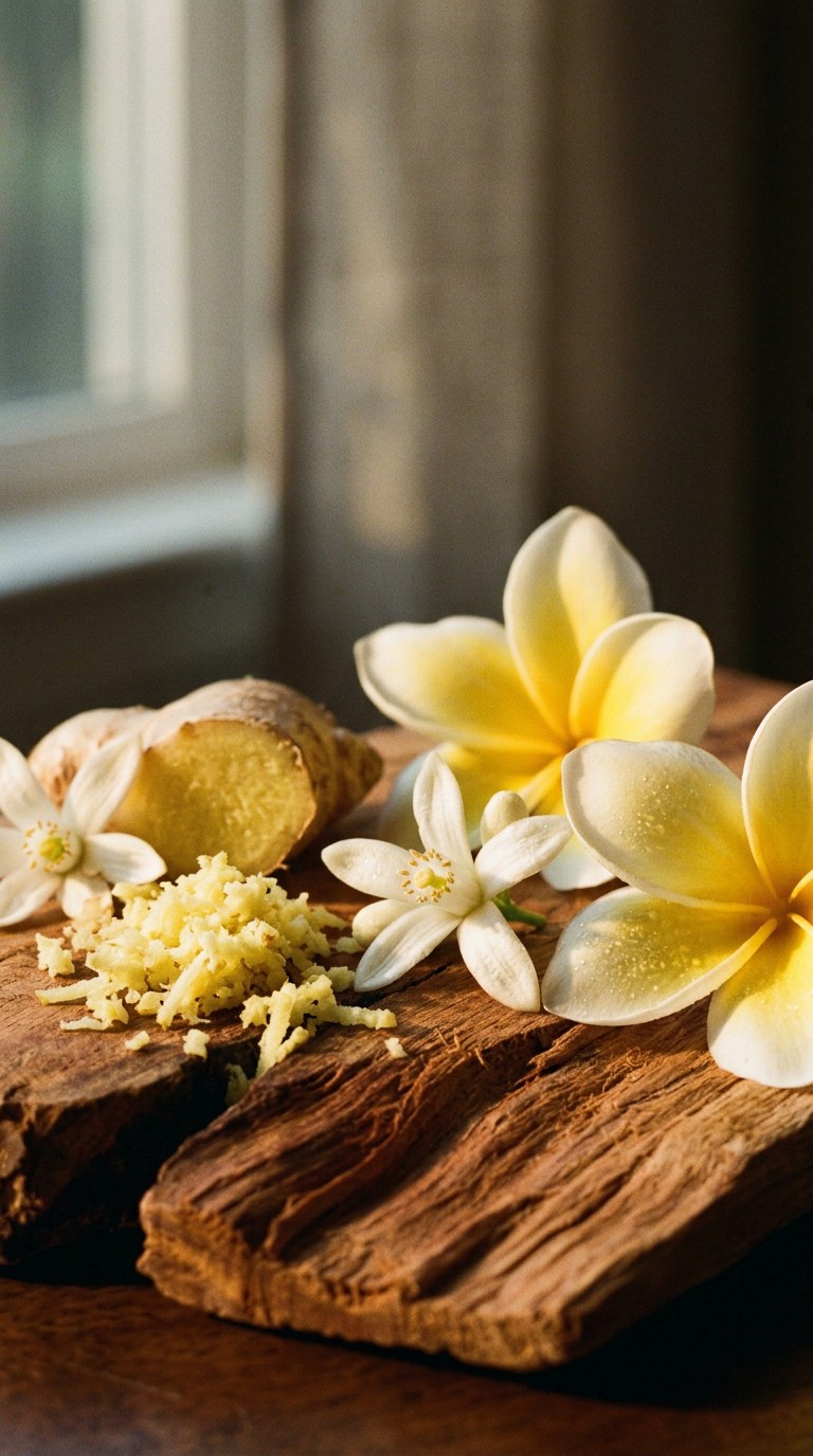 Still life of ginger root, neroli blossoms, and frangipani on a sandalwood block.