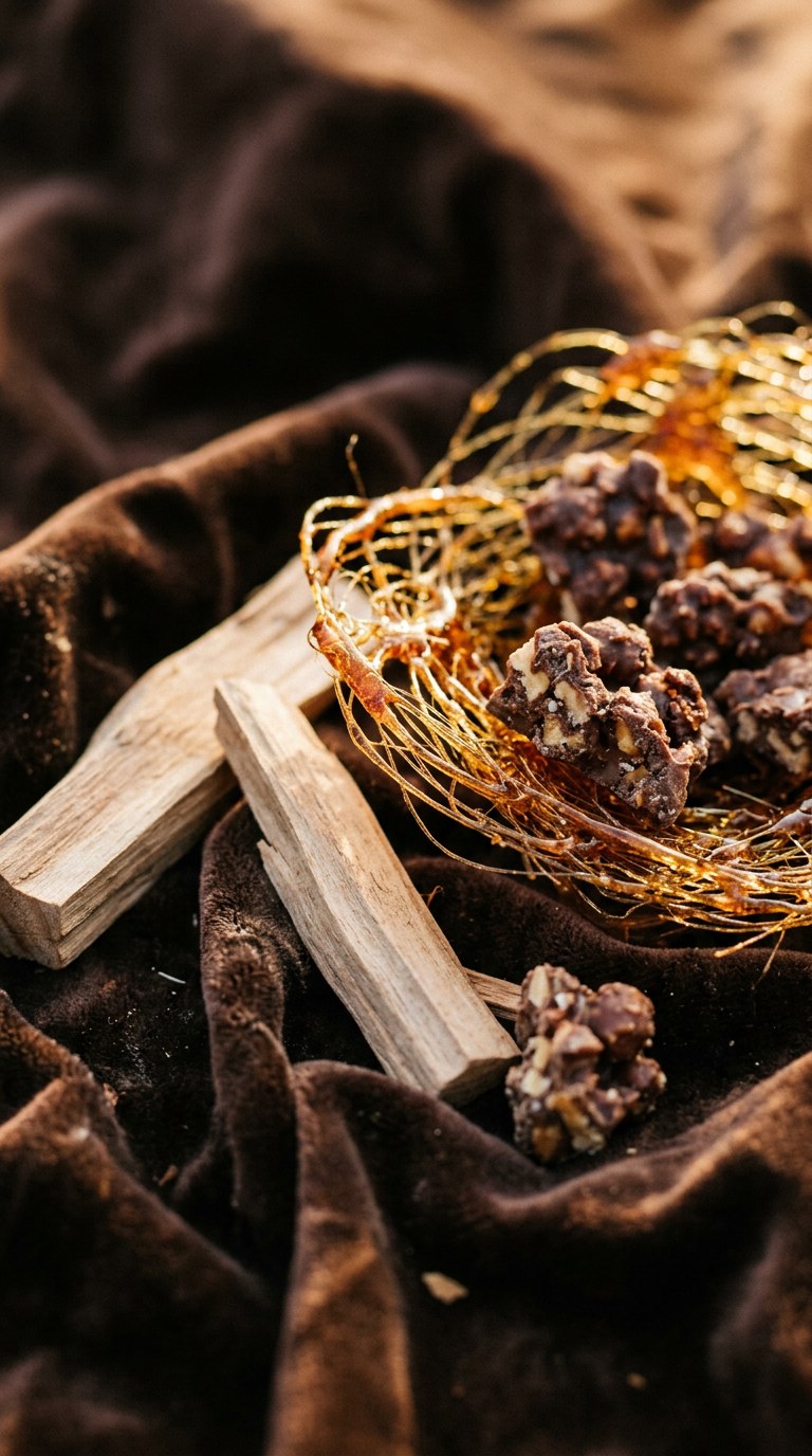 A dusting of rich cocoa powder over dried patchouli leaves and smooth white musk stones on a dark slate surface. Shot on Cinestill 800T, vertical 9:16 portrait. Moody, low-key lighting with a single warm rim light highlighting the powdery textures and earthy veins of the leaves. Hyper realistic, grounded, elegant, tactile, creating a deeply comforting and sophisticated visual of the fragrance's foundation.