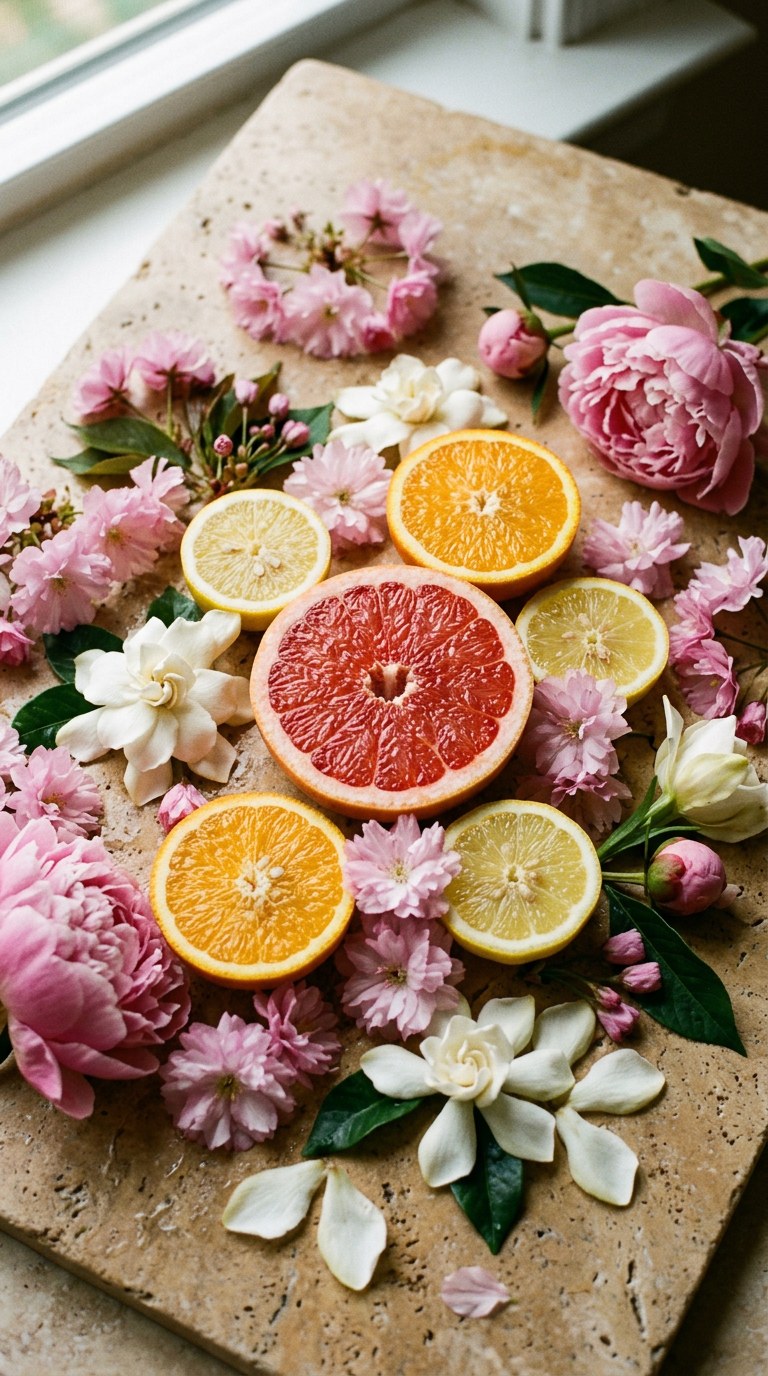 Grapefruit, oranges, lemons, cherry blossoms, and peony petals on a warm travertine stone.