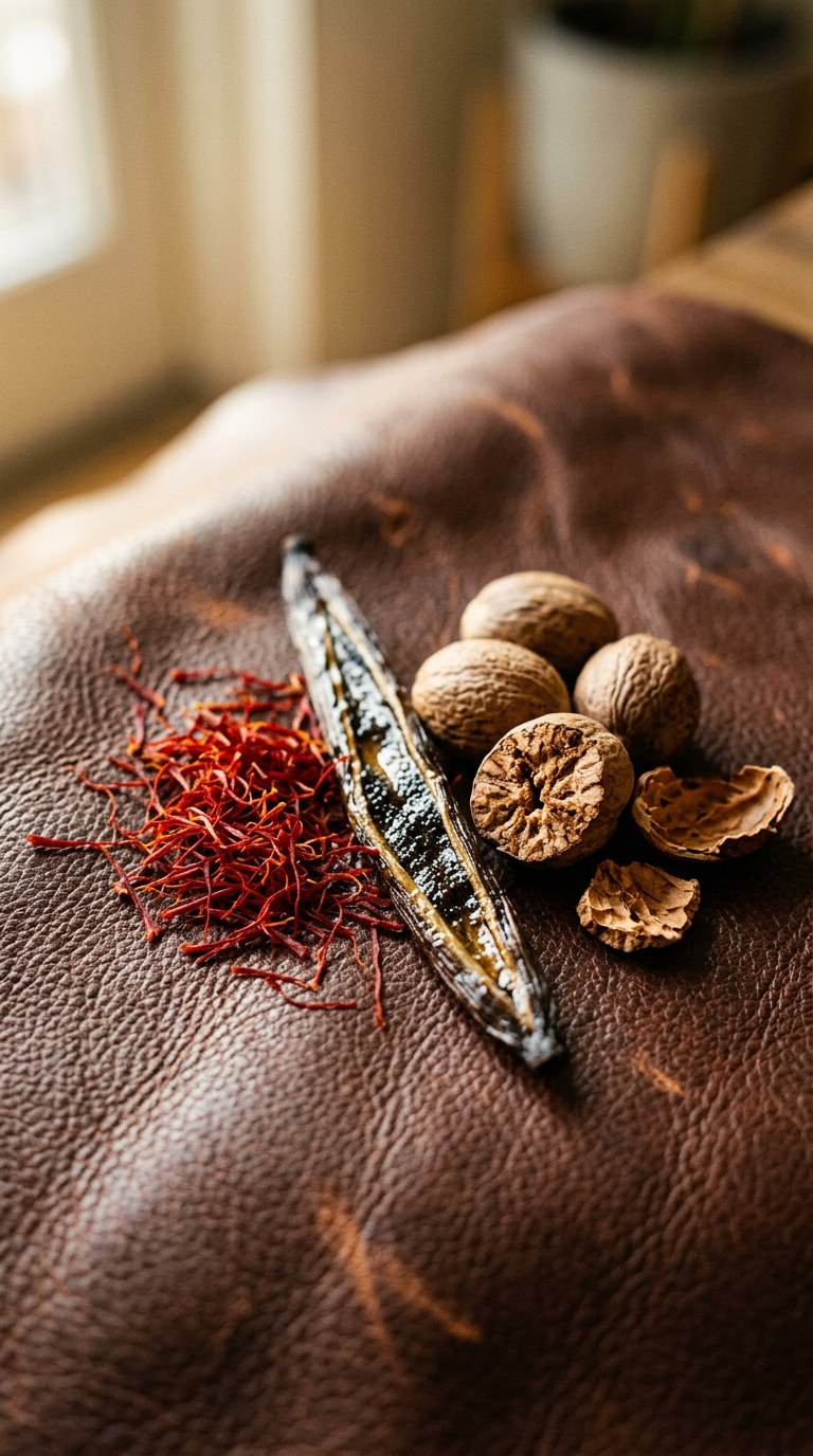 Saffron threads, nutmeg, and vanilla bean resting on dark brown leather.