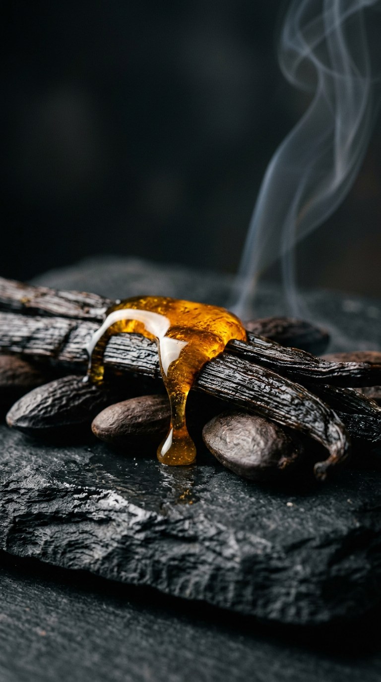 Close up of glowing, translucent amber stones and plump, split vanilla beans resting on smooth, dark wood, lightly kissed by a sheer veil of pale incense smoke. The lighting is low and intimate, casting warm golden reflections against deep, creamy shadows in the background. Shot on Kodak Portra 160, vertical 9:16 portrait, 100mm macro lens, ultra-detailed, sensual, tactile, hyper-realistic.