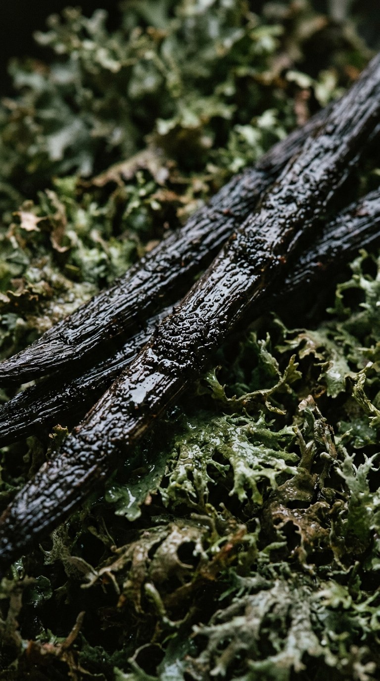 Scraped dark vanilla beans resting on a bed of damp green oakmoss, deep moody shadows.