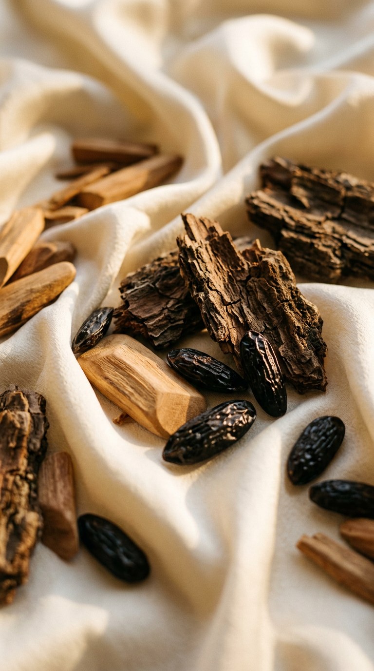 Sandalwood, cedarwood bark, and tonka beans resting on a bed of crumpled ivory silk.