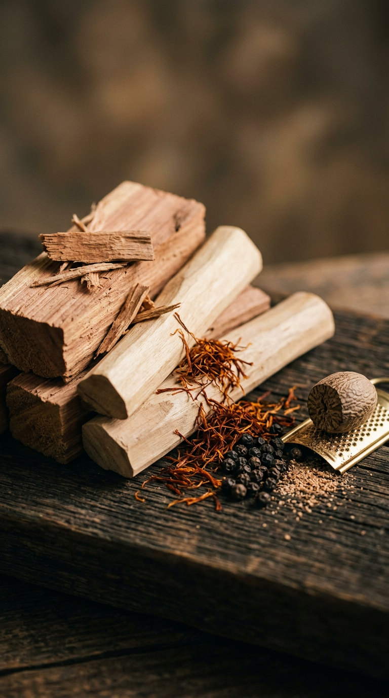whole spices scattered on aged brass