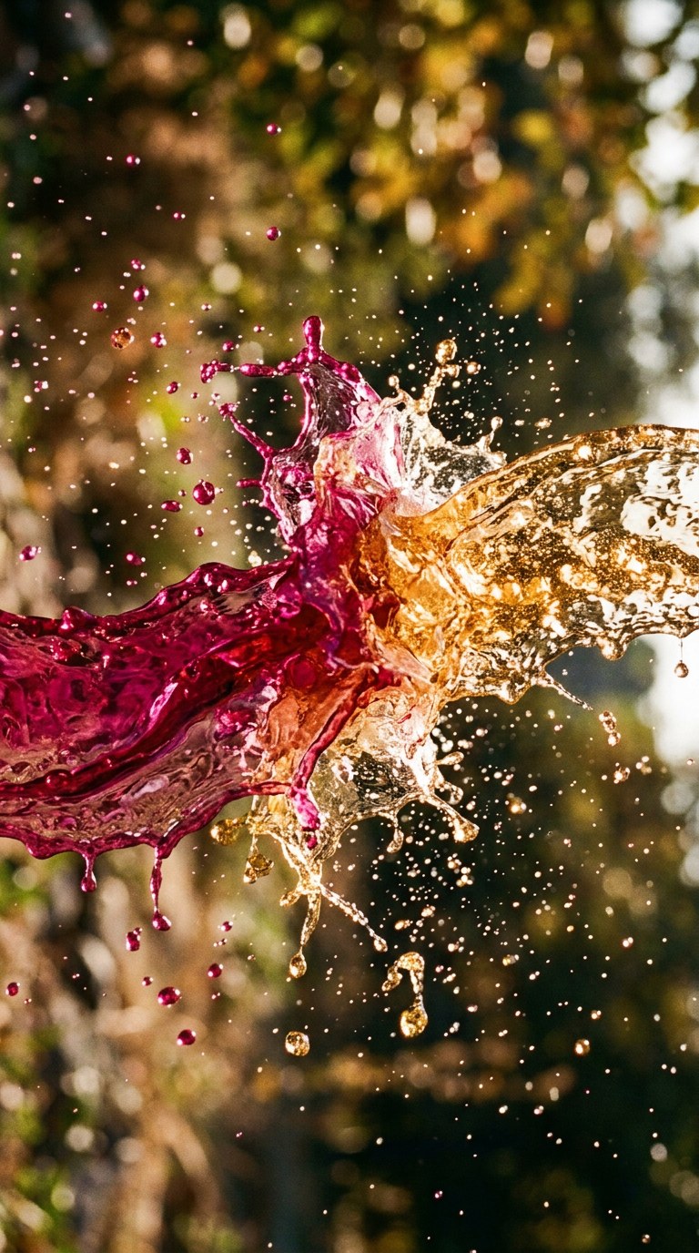 A shimmering pool of translucent purple and vibrant orange resin, slowly swirling and mixing under a warm spotlight. Shot on Cinestill 50D, vertical 9:16 portrait. Hyper realistic, extreme macro, capturing tiny trapped air bubbles and liquid ribbons of vivid color. The mood is hypnotic, juicy, and energetic, glowing with a neon-like intensity against a dark background, embodying modern editorial luxury.