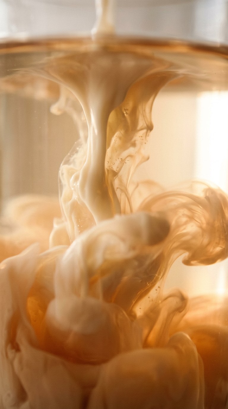 Macro photography of creamy liquid swirling into warm amber water, conveying a silky, luminous texture.