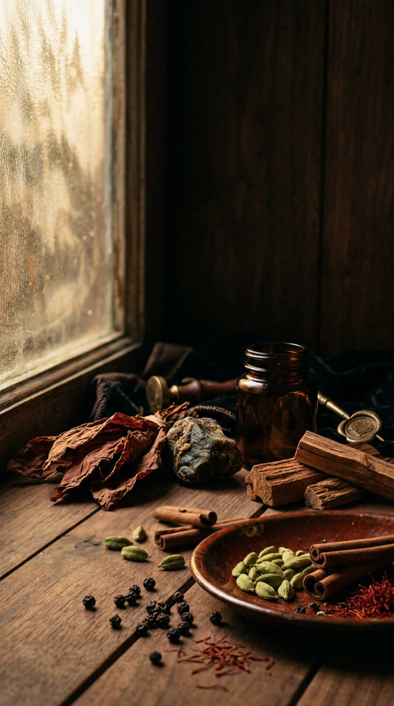 whole spices scattered on aged brass