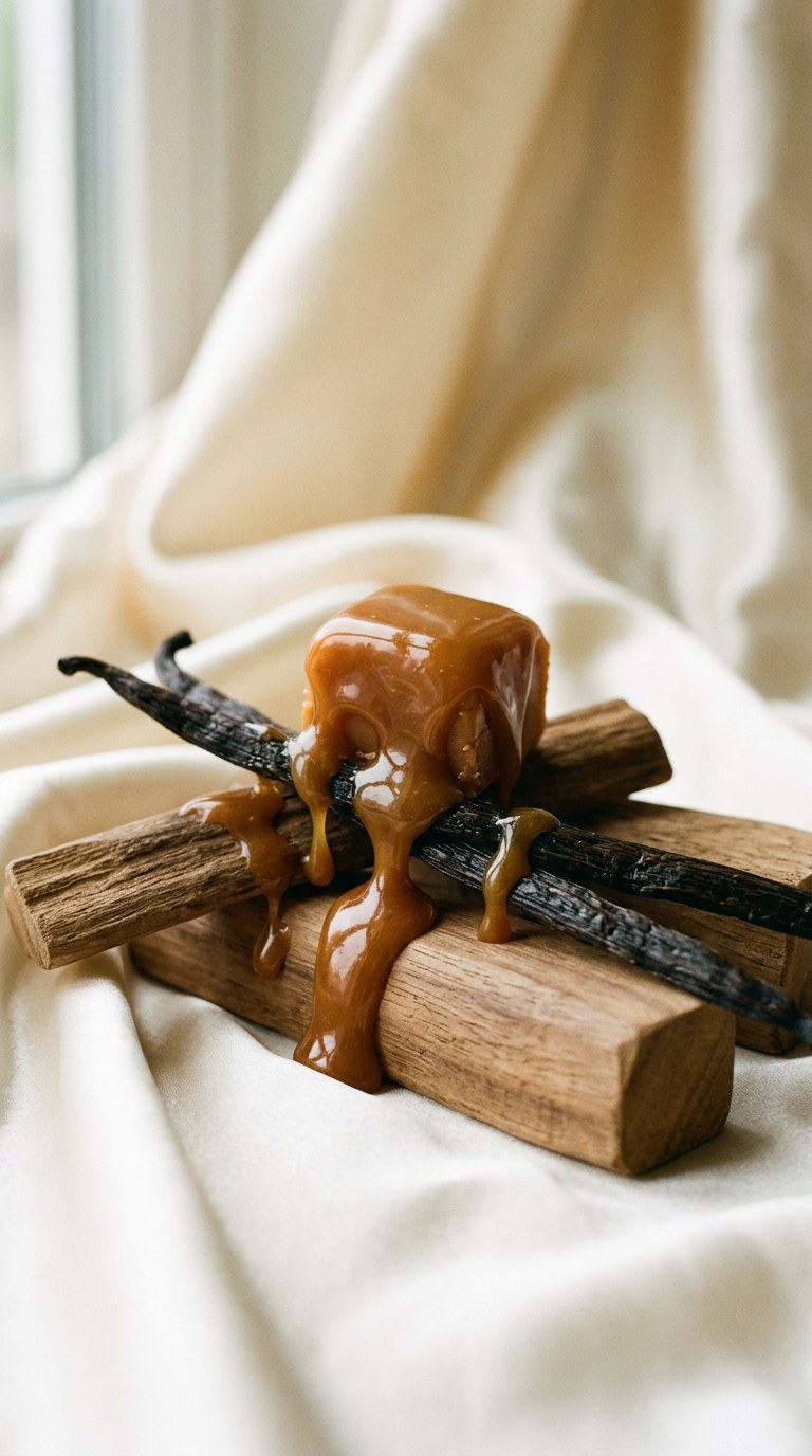 Glossy caramel dripping over raw vanilla pods and smooth sandalwood on ivory satin.