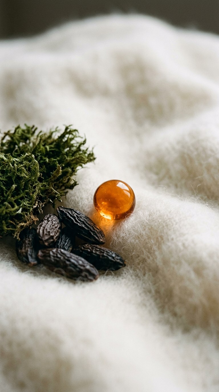Tonka beans and green oakmoss resting delicately on soft white cashmere.