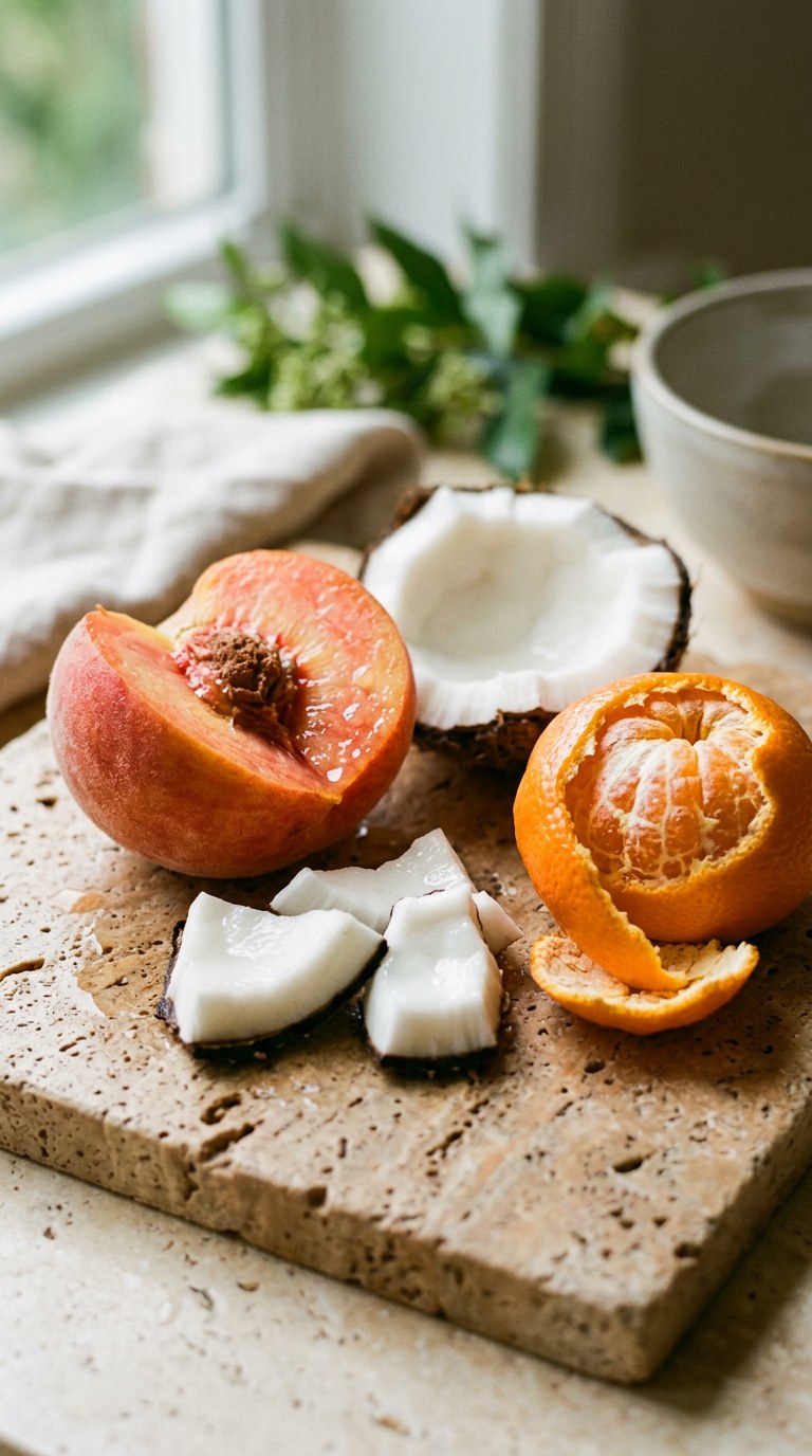 Still life of sliced juicy peach, coconut shards, and mandarin on travertine stone.