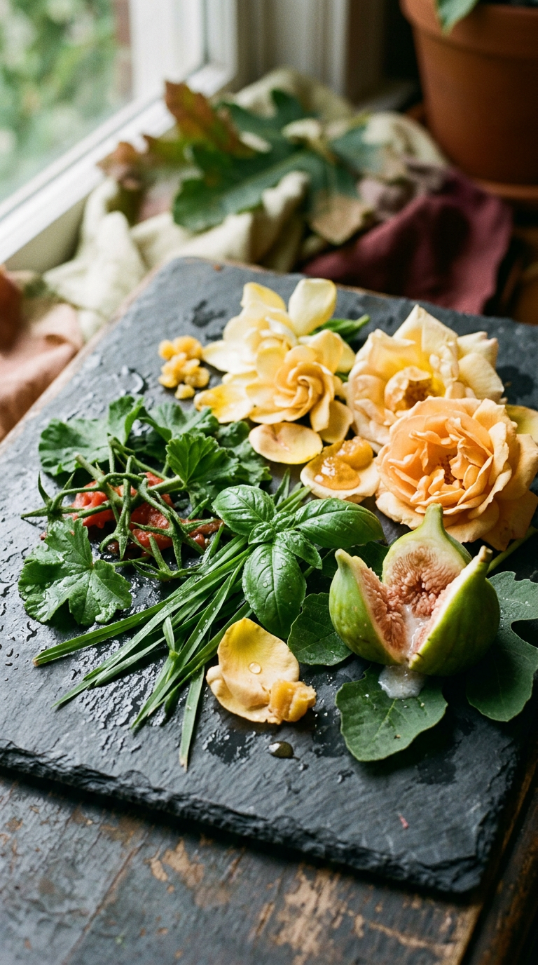 cut citrus, rosemary and green stems on marble