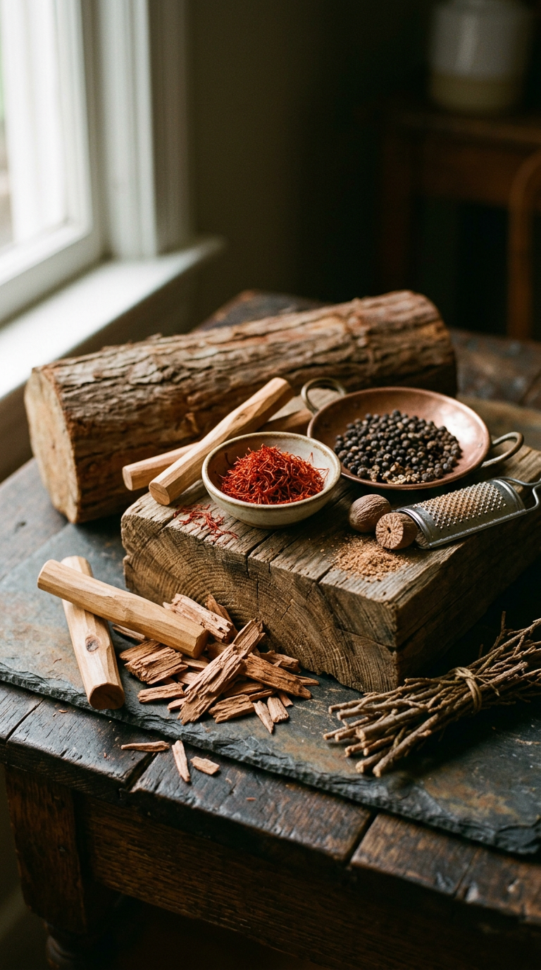 whole spices scattered on aged brass