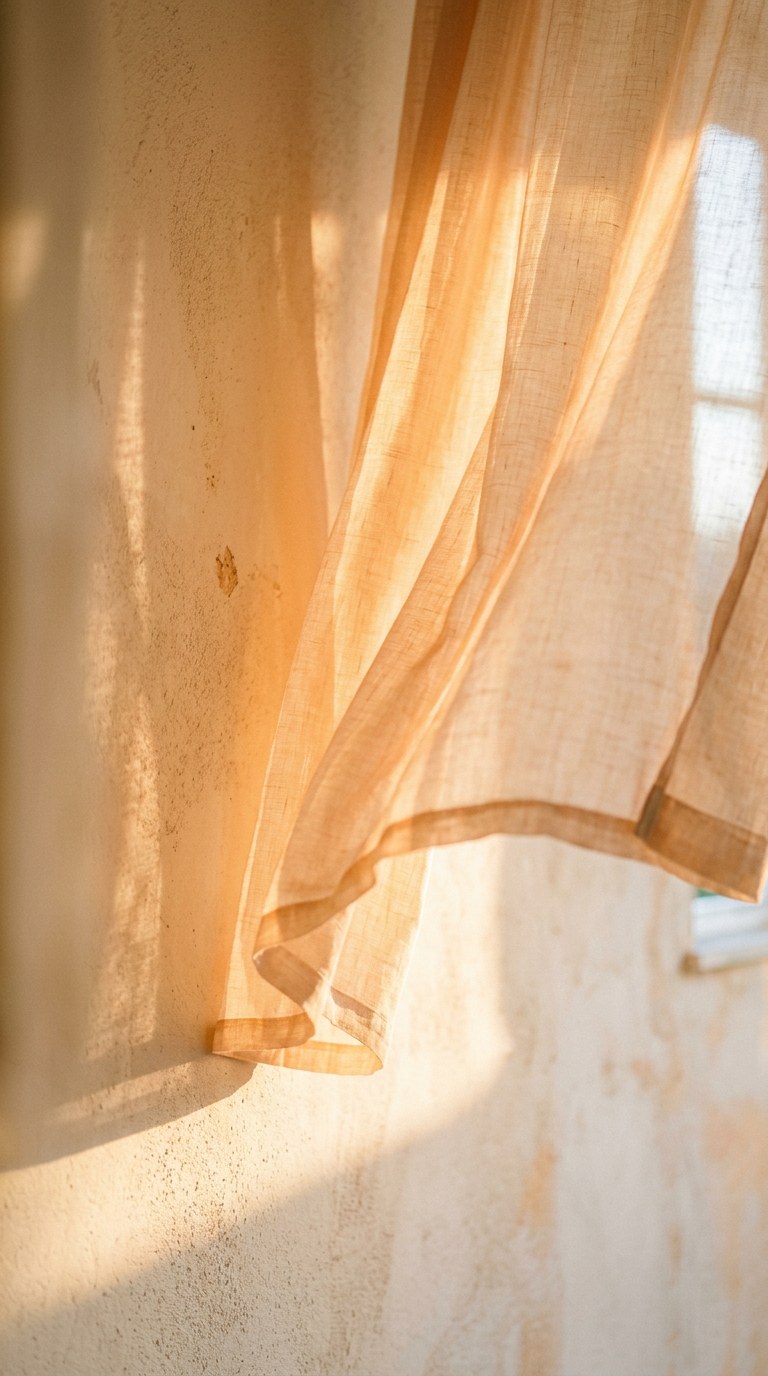 Abstract view of golden hour sunlight filtering through peach-colored linen curtains.