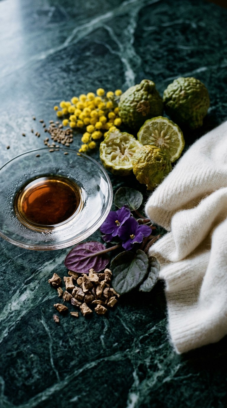 iris root, rice powder and dried violets on pale marble