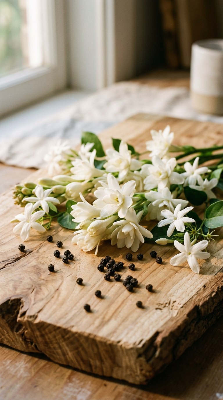 Vertical 9:16 portrait, shot on 35mm Kodak Portra. Gardenia and orange blossom petals scattered generously over a bed of cracked black pepper and sheer, flowing silk fabric. Direct overhead sunlight brings out the stark contrast between the delicate white petals and the dark, textured spice. Shot with a 100mm macro lens at f/5.6. Hyper-realistic and vivid.