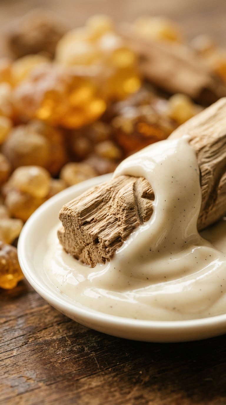 Macro still life of rich vanilla cream and smooth sandalwood illuminated by golden amber light.