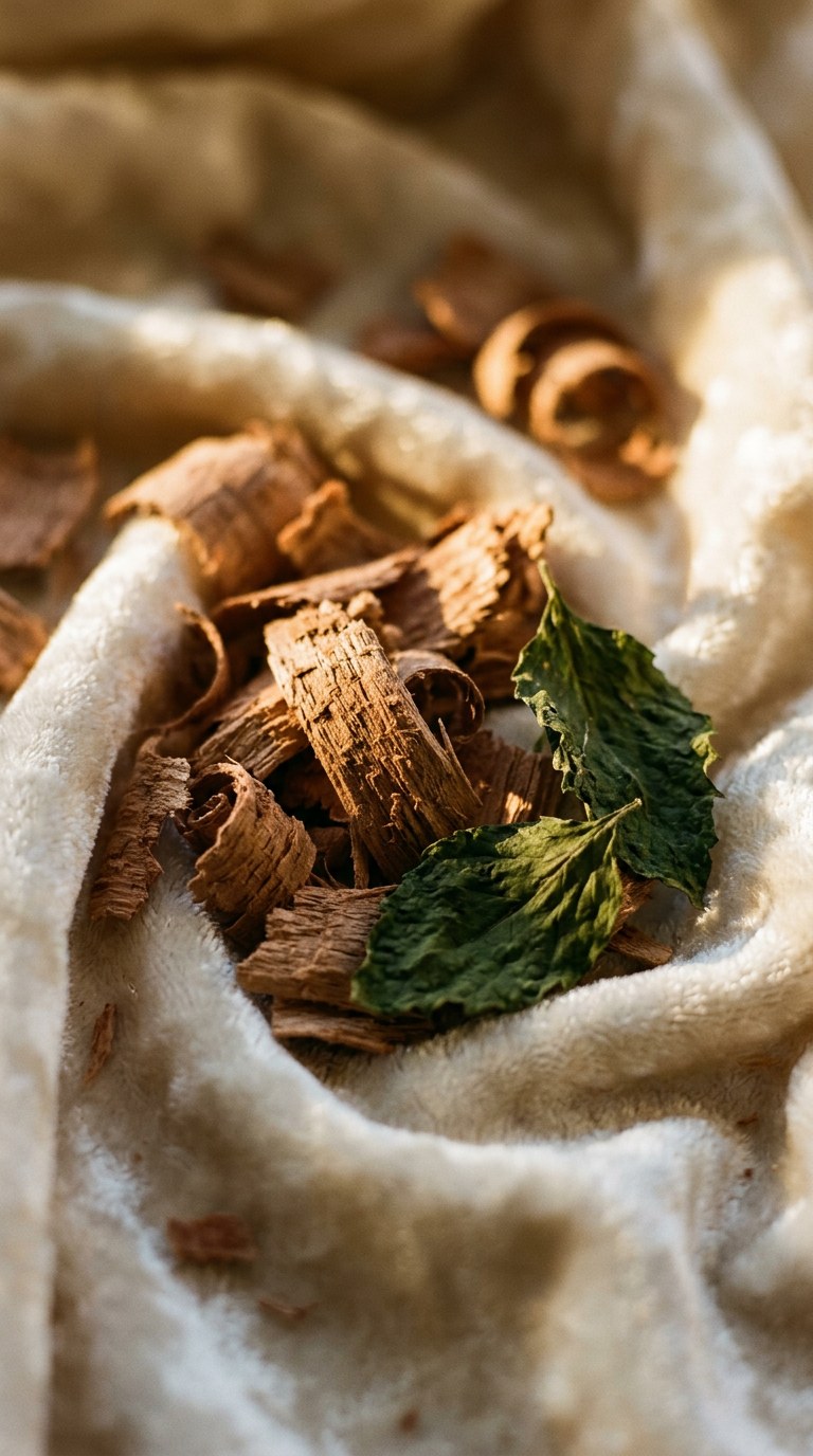 Close-up of cedarwood shavings and patchouli leaves resting on plush, off-white velvet fabric.