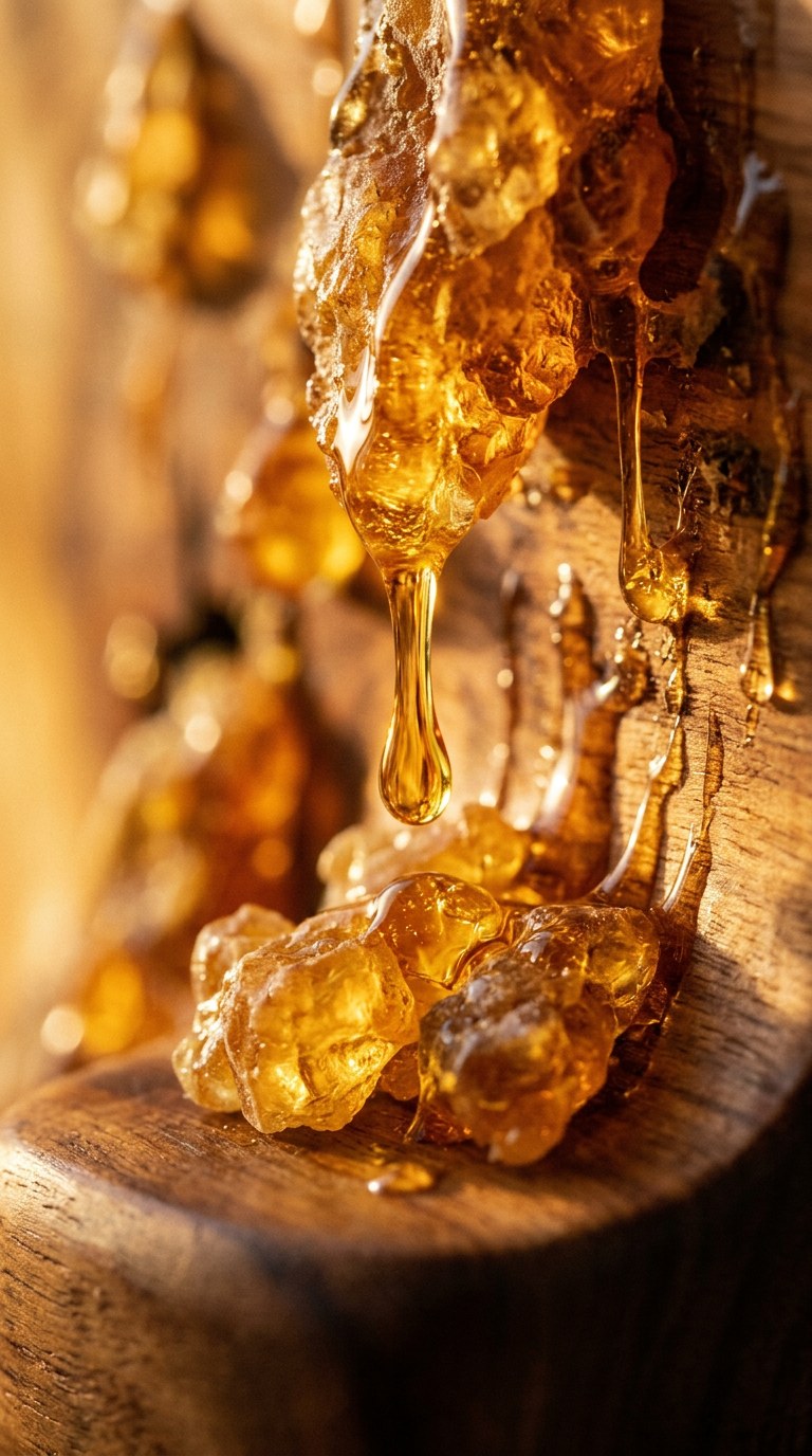 35mm film photography, Kodak Portra 800, vertical 9:16 portrait. A hyper-realistic macro shot focusing on the tactile warmth of the base notes. A small pool of glowing, melted amber sits in the natural hollow of a piece of raw, dark patchouli root. The lighting is soft and golden, mimicking the feeling of skin warmed by a fire. Intensely close crop, shallow depth of field, dripping with texture and warmth, luxurious and sensual.
