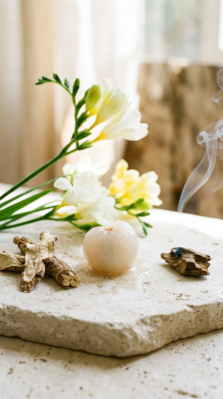the raw materials of Tears On Mystic Sands laid out on stone