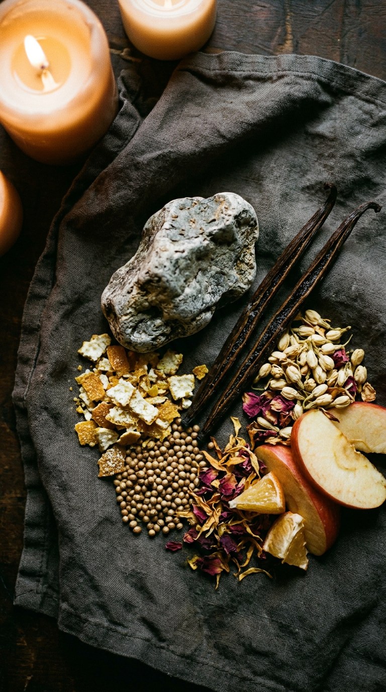agarwood chips and dark rose petals on black stone