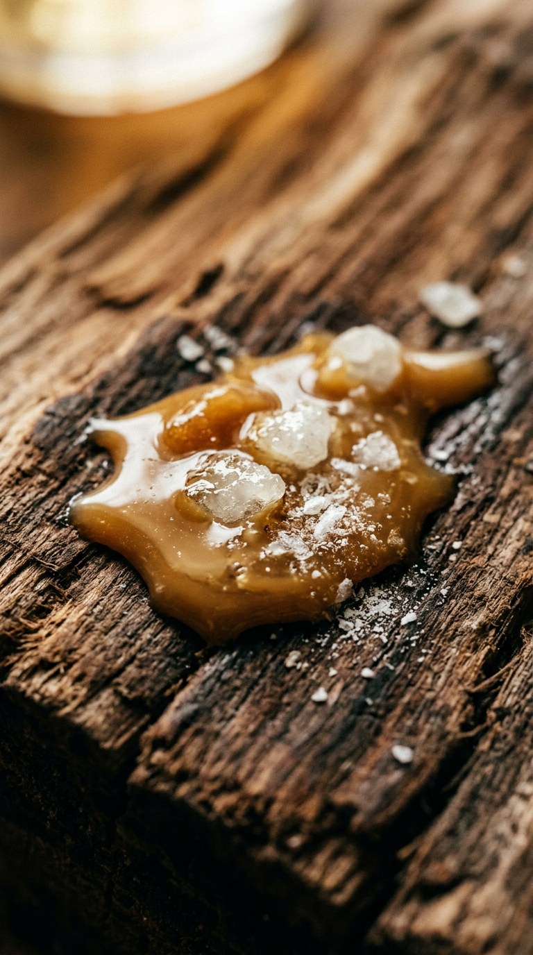 Close up of golden ambergris and white musk on raw cedarwood, warm caramel and cream tones, 35mm film.