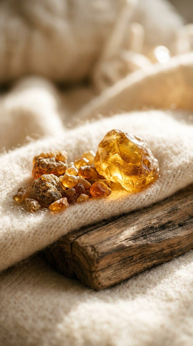 A moody, textural still life of raw cedarwood shavings, glowing amber resin chunks, and a wisp of soft white cotton resting on smooth sandstone. Shot on 35mm film, 9:16 vertical portrait, 100mm lens, f/2.8. Dramatic, warm directional lighting emphasizes the rugged texture of the wood and the translucent beauty of the resin. Rich, grounding, and intimately sensual, with an elegant palette of terracotta, amber, and cream.