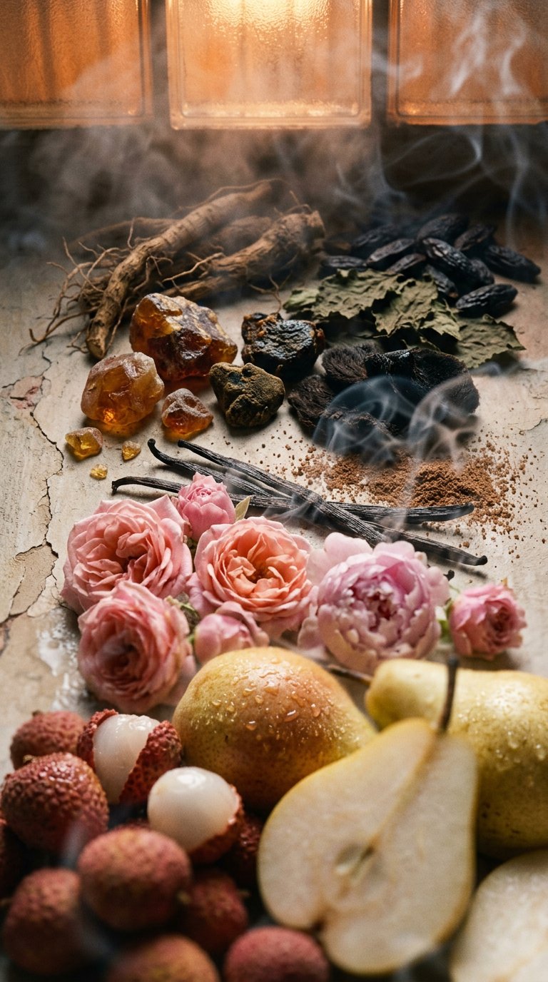 blackcurrants, peach and pink pepper on dark stone