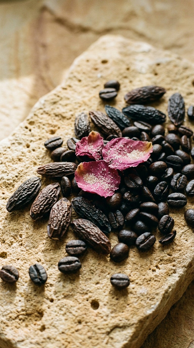 Still life of dark tonka beans, roasted coffee, and sugared rose petals on textured stone.