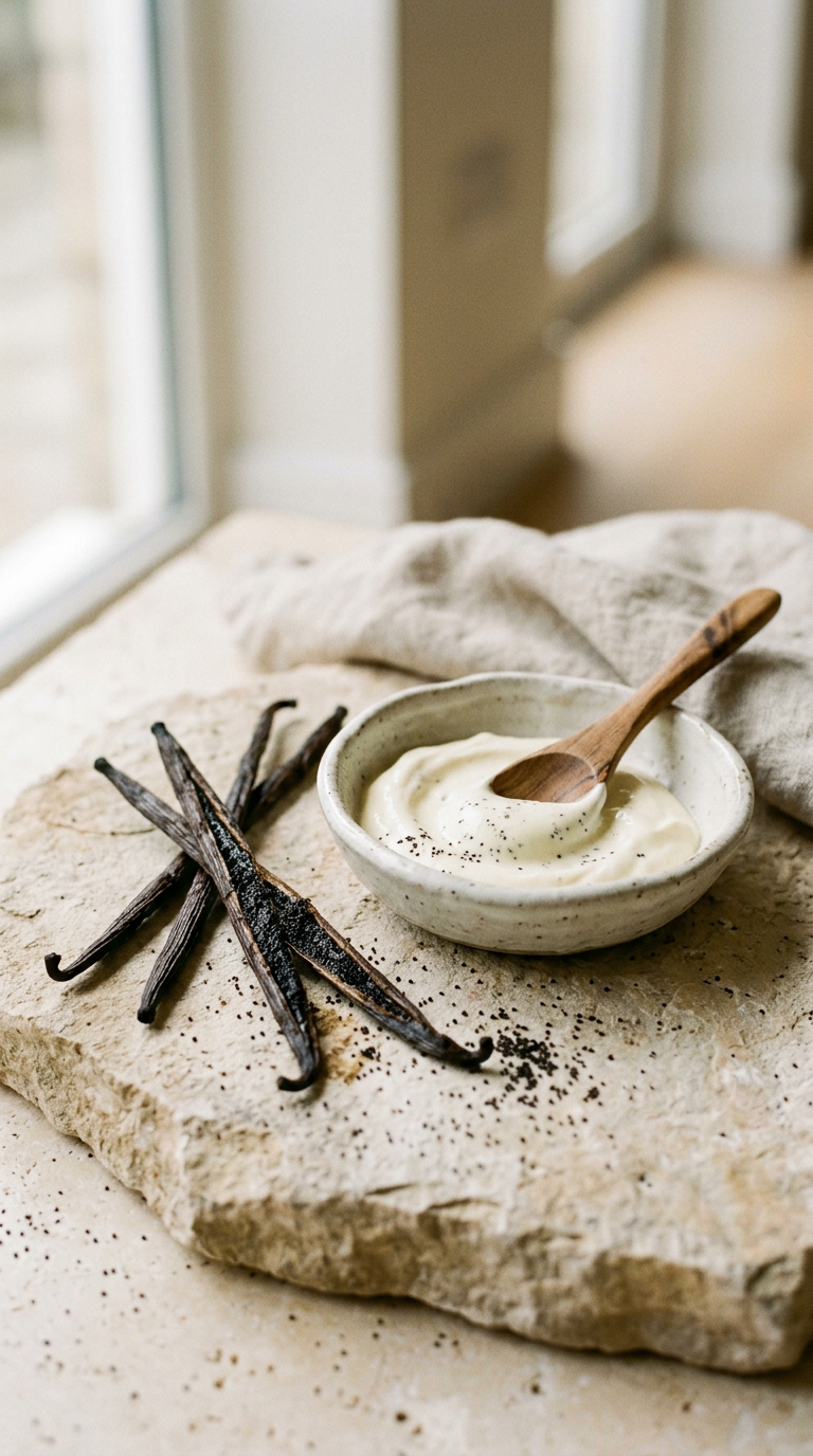 split raw vanilla pods and cream on pale stone