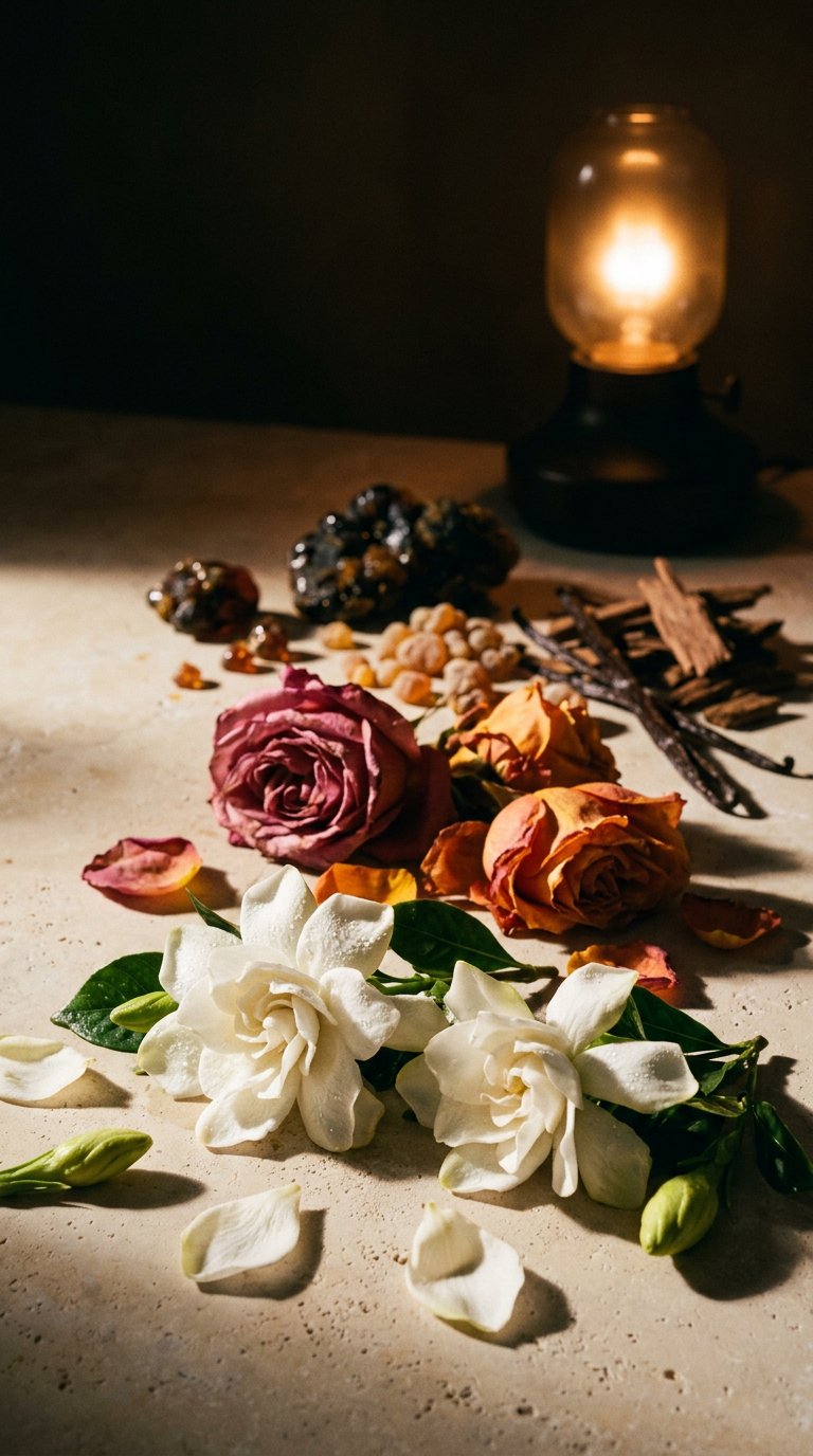 jasmine buds and dried tea leaves on pale marble