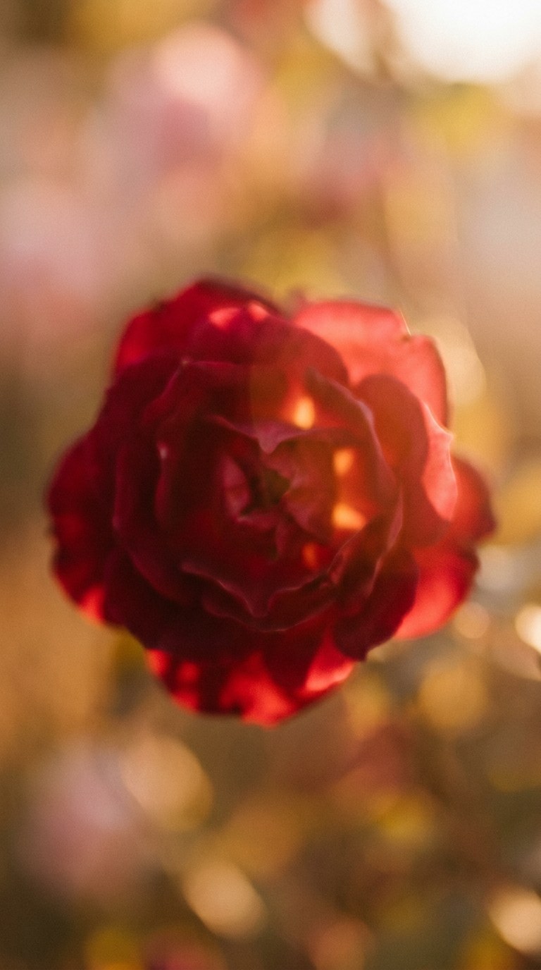 Abstract macro photography of translucent crimson rose petals bathed in warm, golden afternoon light.