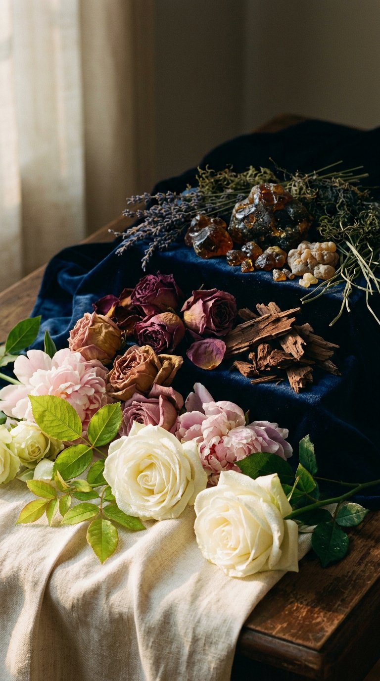 jasmine buds and dried tea leaves on pale marble