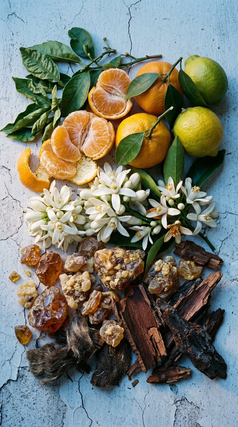 cut citrus, rosemary and green stems on marble