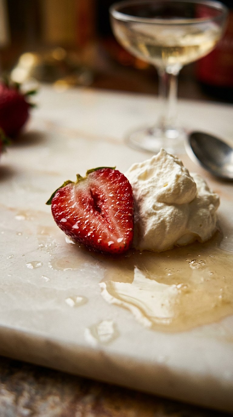 35mm film photography, Cinestill 800T, vertical 9:16, sensual still life of raw ingredients, halved dew-covered ruby-red strawberries, generous dollop of rich whipped cream, splashed pale golden champagne, smooth pale alabaster surface, dramatic soft lighting, rich crimson and creamy white, 85mm lens f/2.8, shallow depth of field, elegant gourmand luxury, hyper-realistic, no text, no bottles --ar 9:16 --style raw