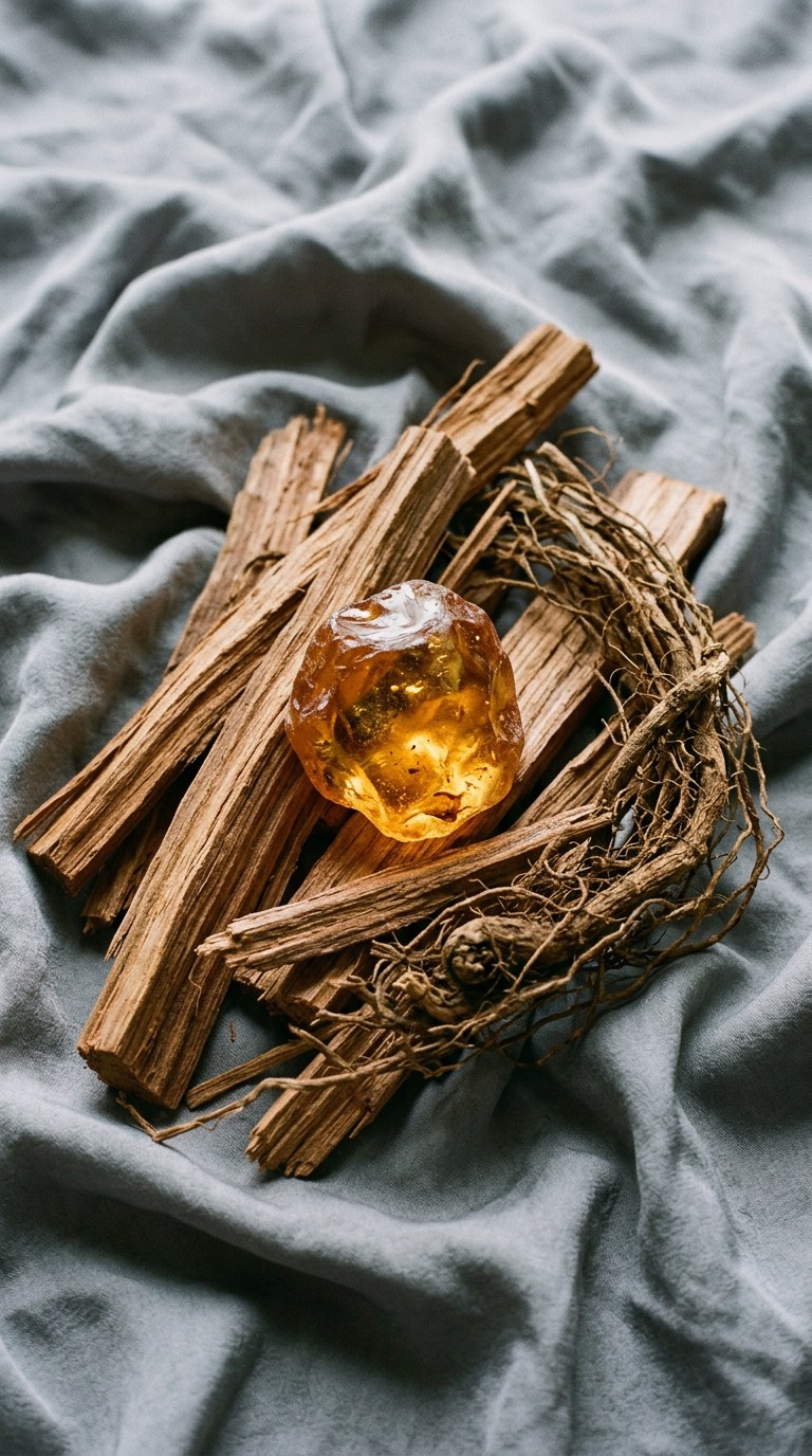 A macro still life of golden amber resin melting slightly into a piece of raw, weathered cedarwood, dusted with a subtle glimmer of crushed pink peppercorns. 35mm Kodak Portra film, vertical 9:16 portrait, hyper-realistic, sensual, vivid, tactile, editorial-luxury. The lighting is extremely warm and intimate, focusing on the sticky, luminous texture of the amber and the deep, rich grooves of the wood, evoking a long-lasting, skin-like warmth.