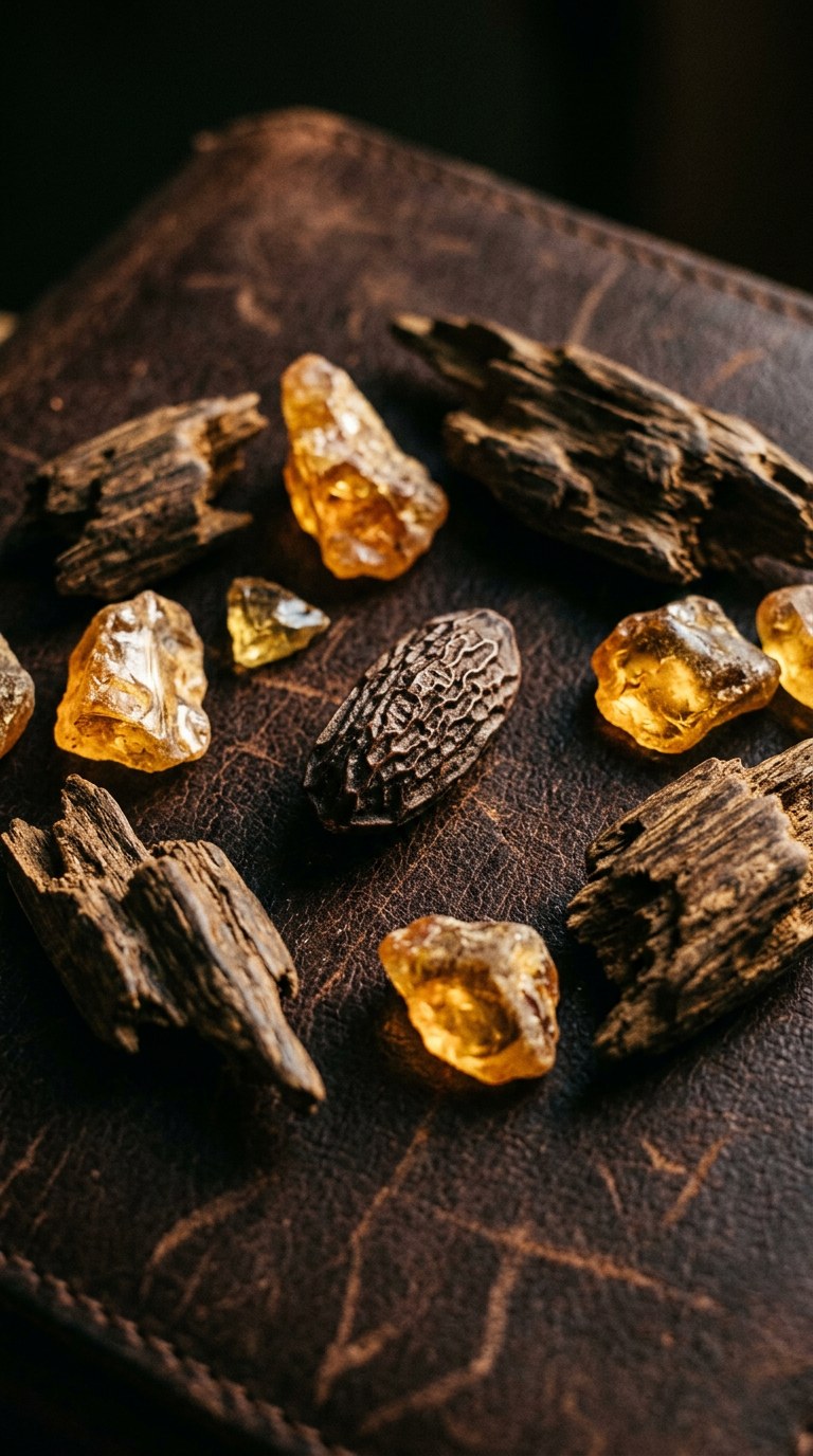 Raw amber resin, oud wood chips, and tonka bean on brown leather.