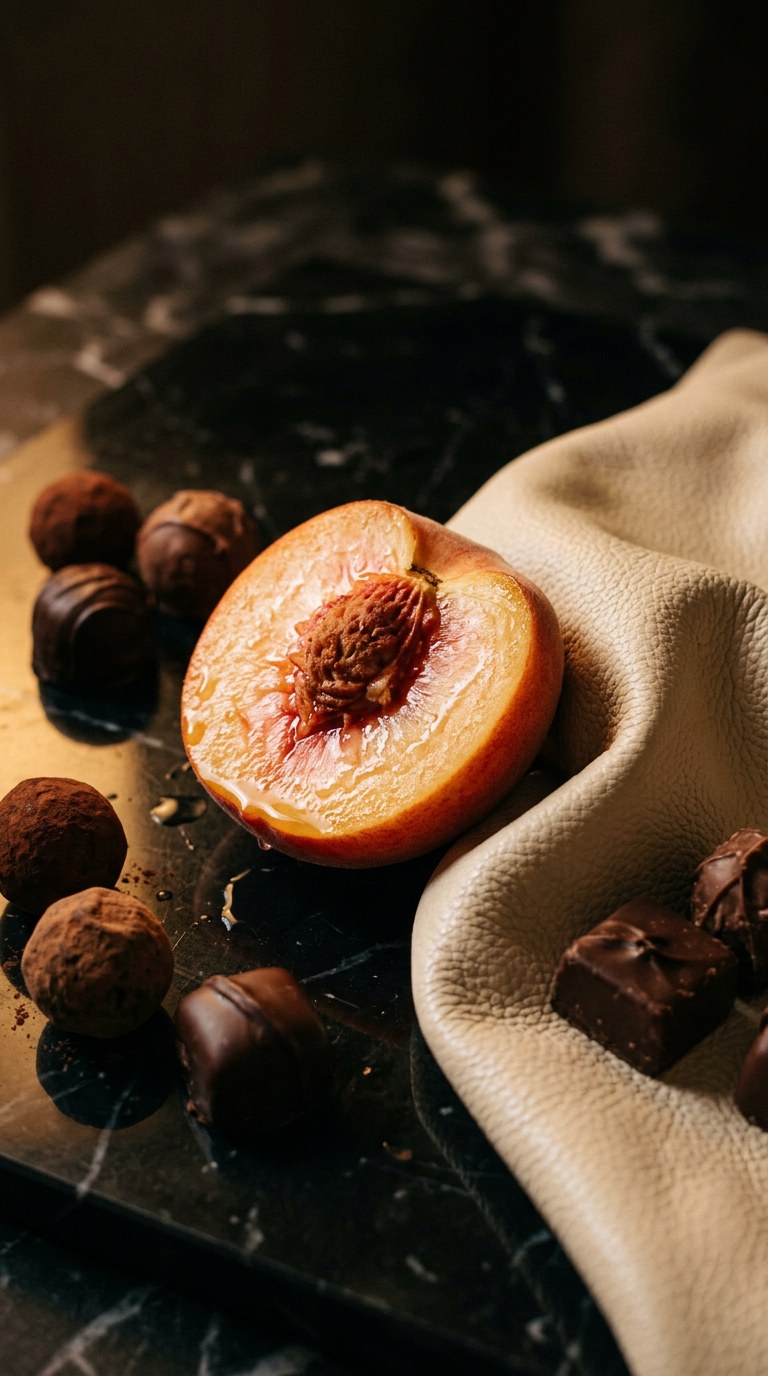 A juicy sliced peach, cream-colored leather, and dark pralines on black marble.