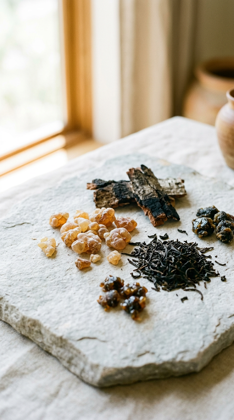 the raw materials of Moonlight Ceremony laid out on stone