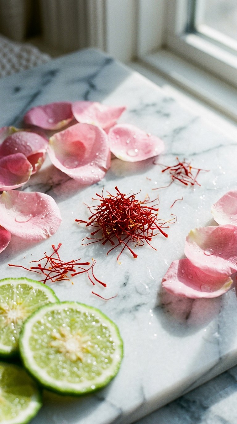 Pale pink rose petals, crimson saffron threads, and sliced bergamot resting on a white marble surface in bright sunlight.
