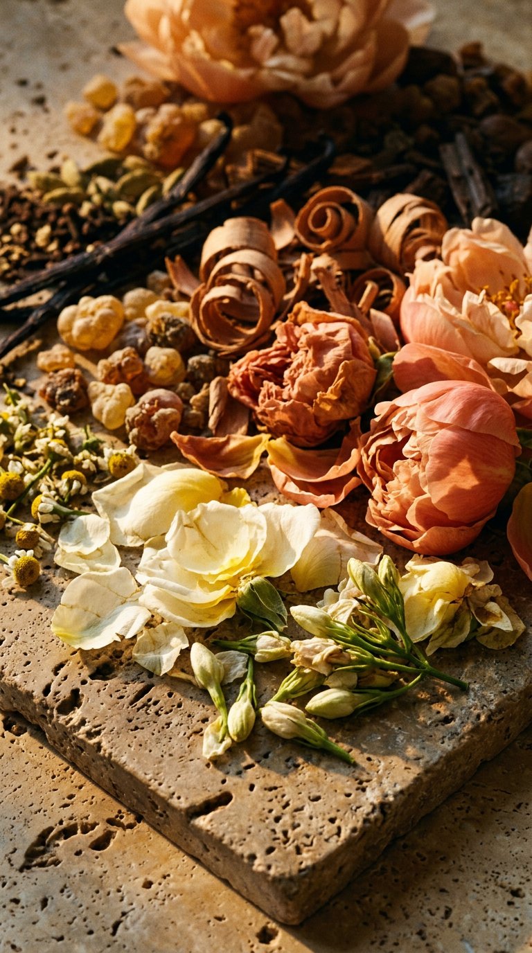 jasmine buds and dried tea leaves on pale marble
