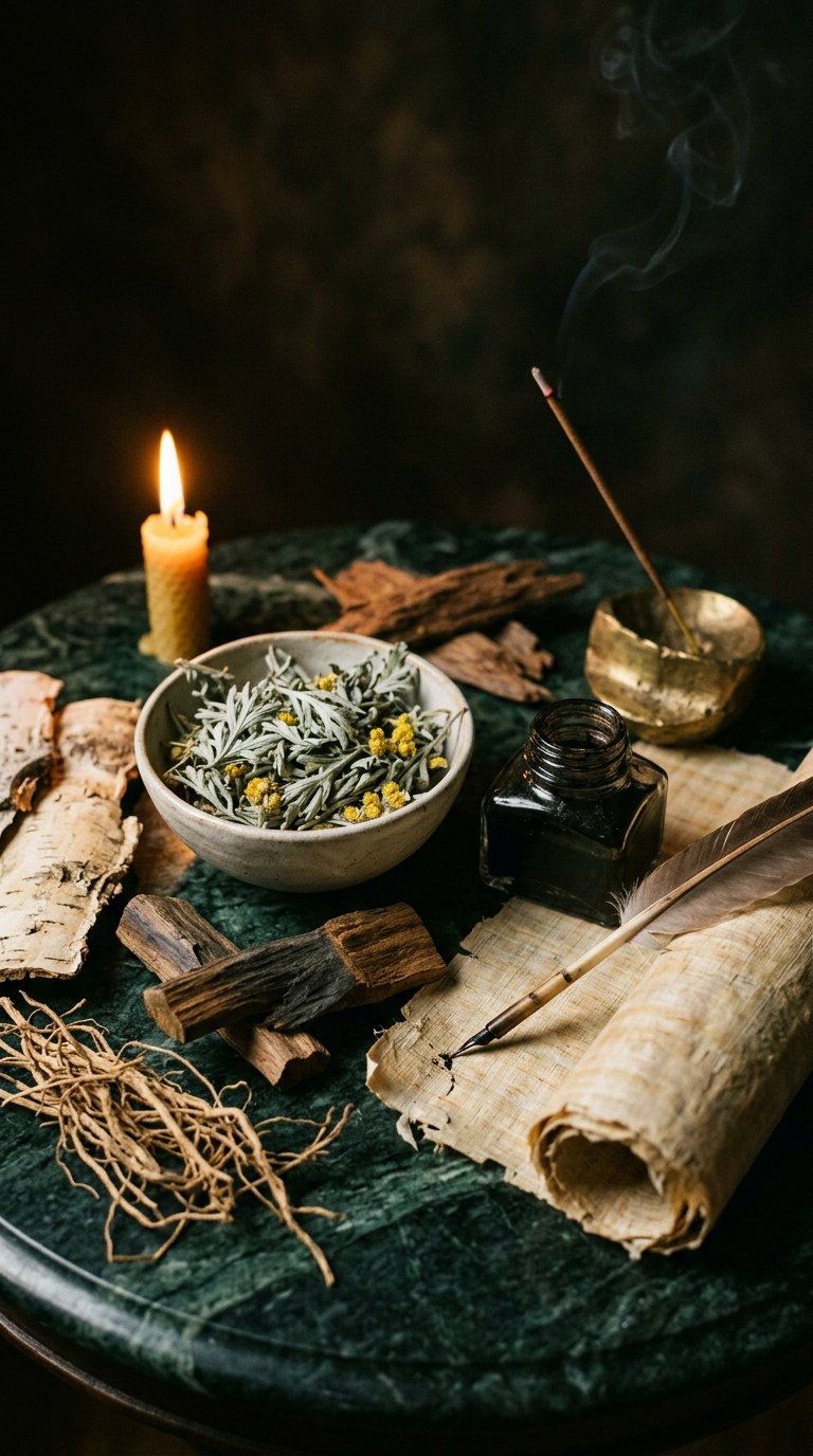 whole spices scattered on aged brass