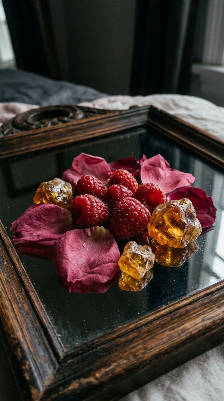 An overhead still life shot of a silver vintage tray holding crushed pink peppercorns, fresh jasmine blossoms, and a slice of perfectly ripe bergamot. Shot on 35mm film, vertical 9:16 portrait. The lighting is soft and diffused, bringing out the bright, sparkling colors of the citrus against the delicate white petals and bold pink spices.