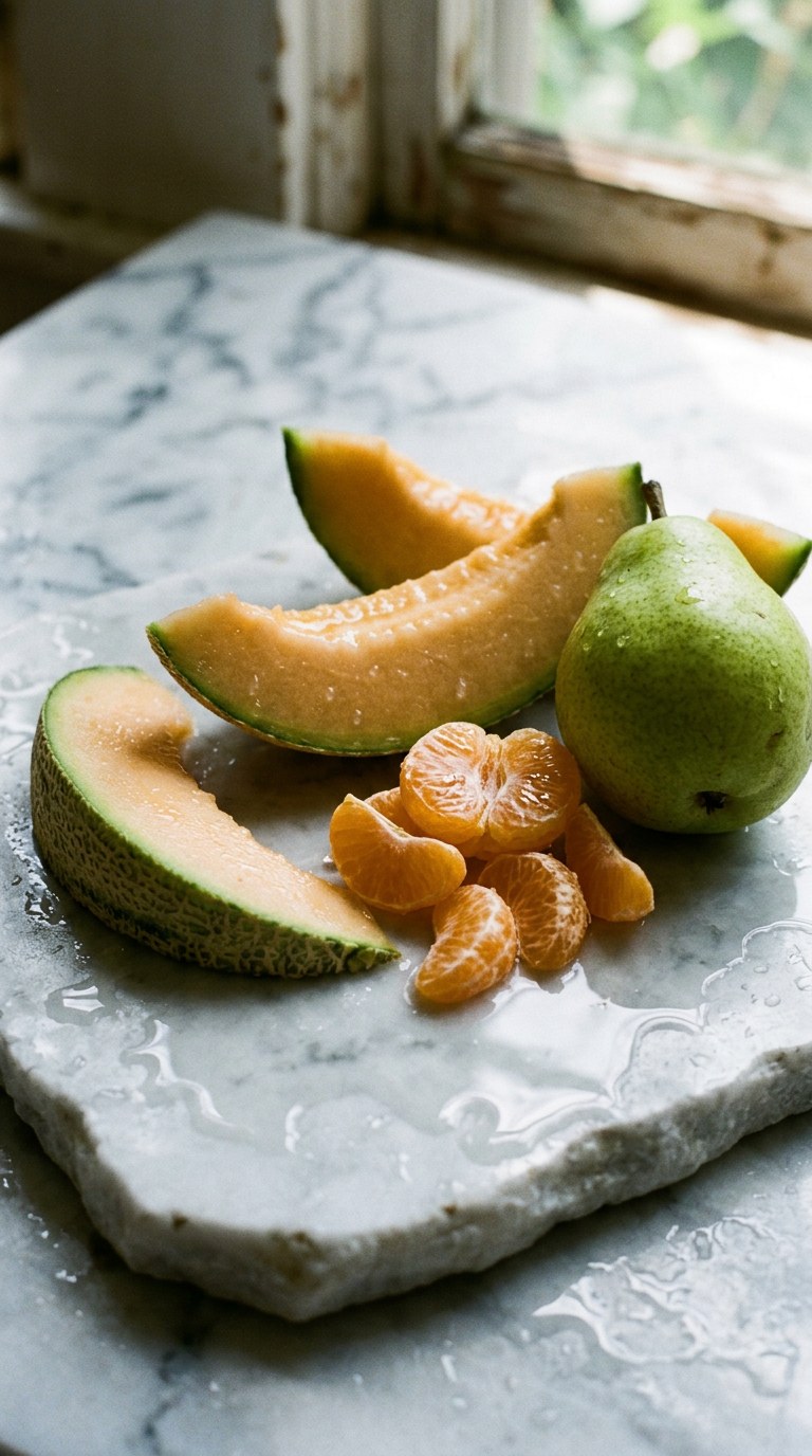 Dewy slices of melon, pear, and mandarin resting in shallow water on wet white marble.