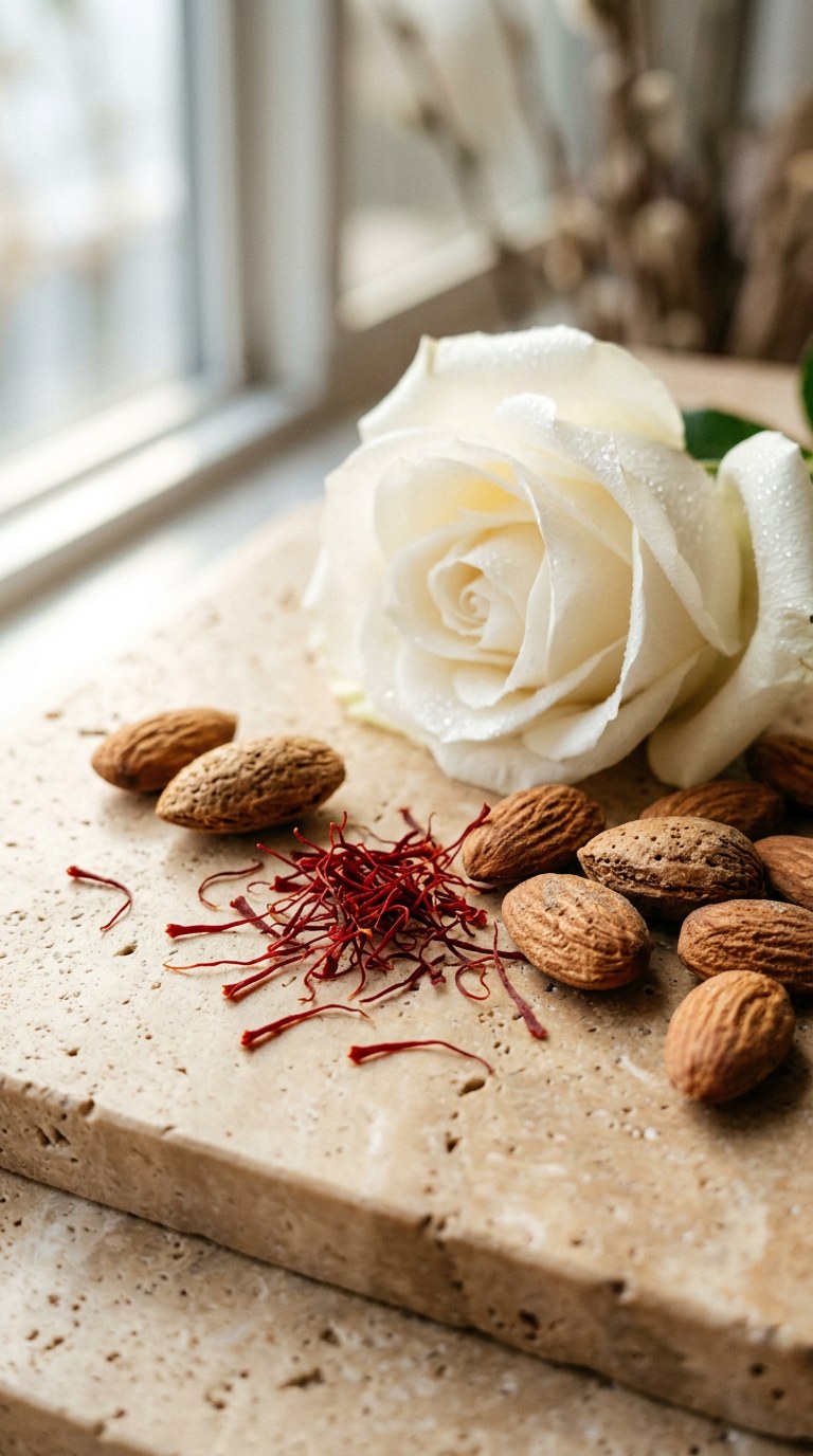 Raw almonds, crimson saffron threads, and a white rose on warm travertine stone in natural light.