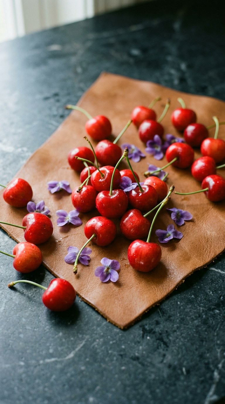 35mm film photography, Kodak Portra 400, vertical 9:16 portrait. Still life of halved juicy cherries and a freshly sliced bergamot, their juices glistening, arranged gracefully over a draped piece of ultra-soft burgundy suede. A few violet blossoms are delicately placed nearby. Shot from a slight top-down angle, 85mm lens, sharp focus on the glistening fruit flesh. Warm, sensual afternoon sunlight creating a rich, opulent color palette of deep reds, purples, and earthy browns. Editorial-luxury style.