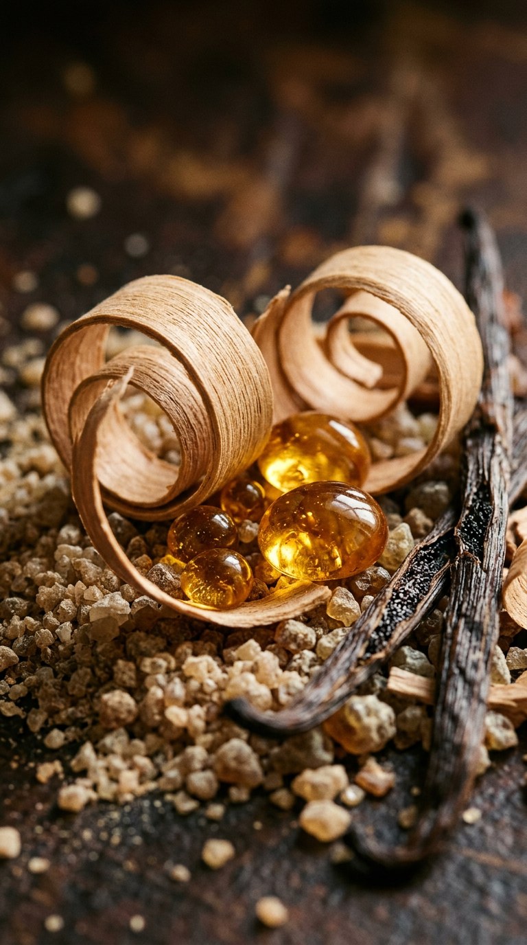 A warm, intimate still life of smooth sandalwood curls, golden amber resin, and raw vanilla pods illuminated by low lighting.