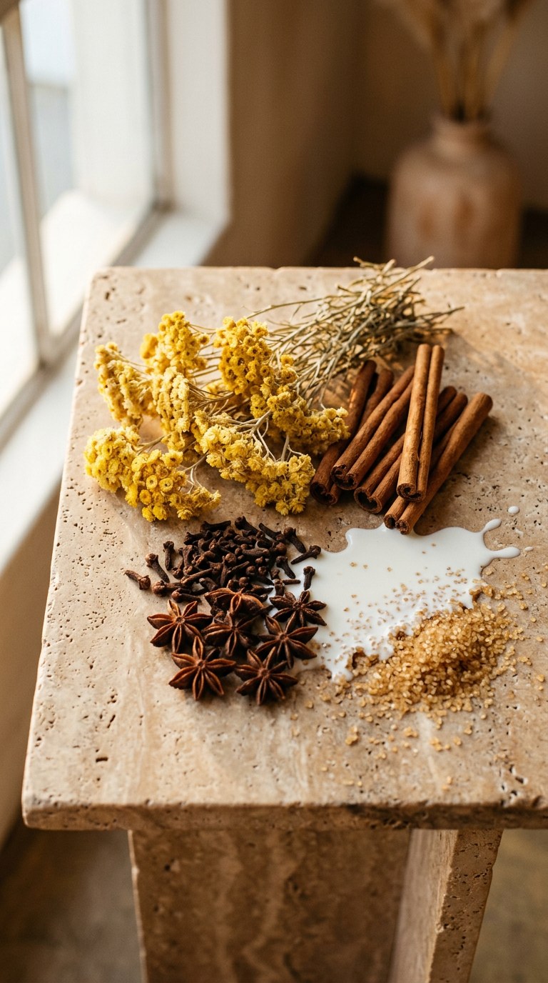 Still life of yellow immortelle flowers, cinnamon sticks, cloves, splashed milk, and brown sugar on a warm travertine stone slab.