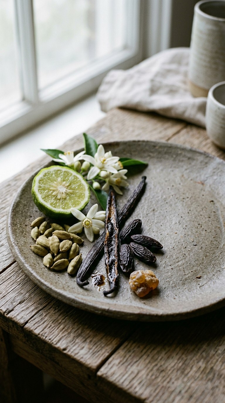 jasmine buds and dried tea leaves on pale marble